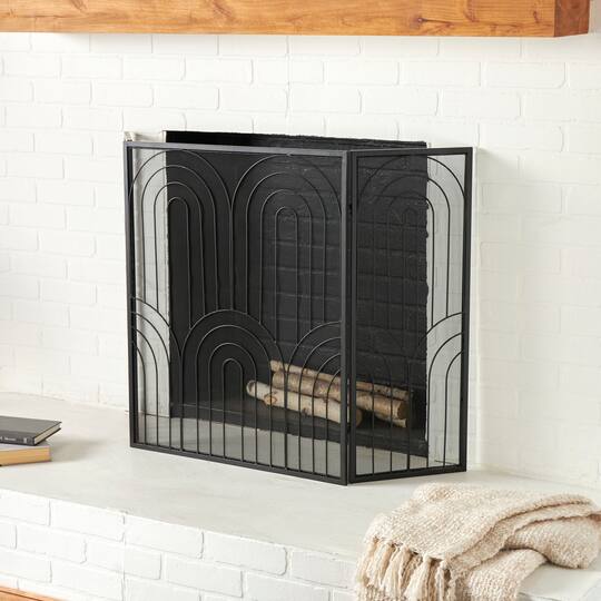 Black Metal Art Deco 3-Panel Fireplace Screen